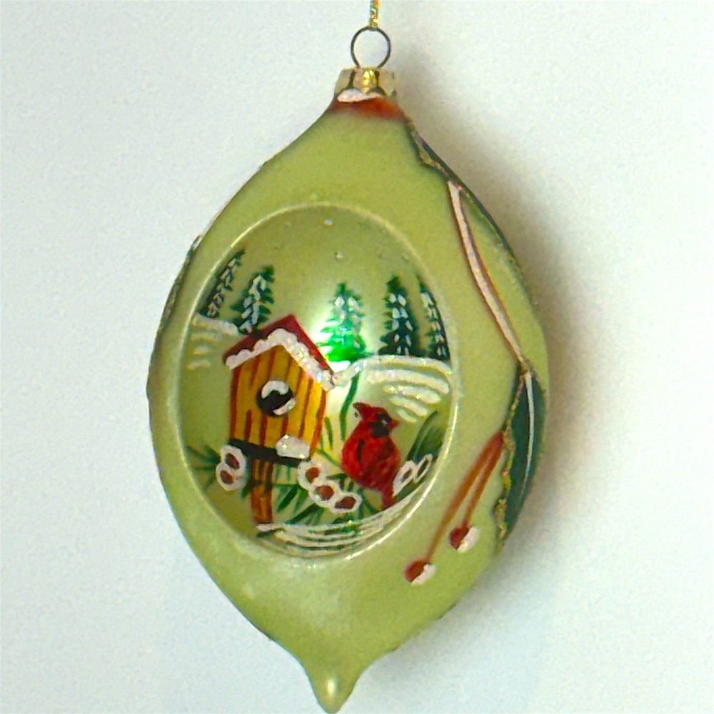 Green Glass Holiday Ornament Winter Cardinal & Holly